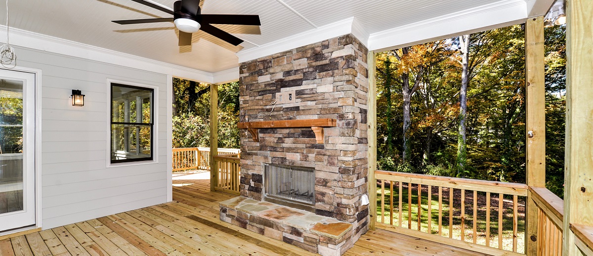 Stone Outdoor Fireplace with Cedar Mantle
